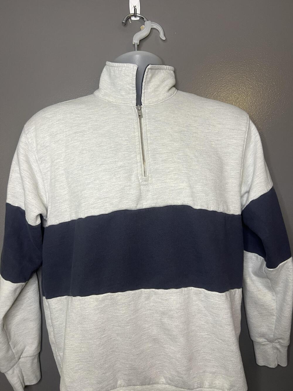 J. Galt Sweatshirt Mens One Size Gray Navy Stripe 1/4 Zip Fleece Mock Neck